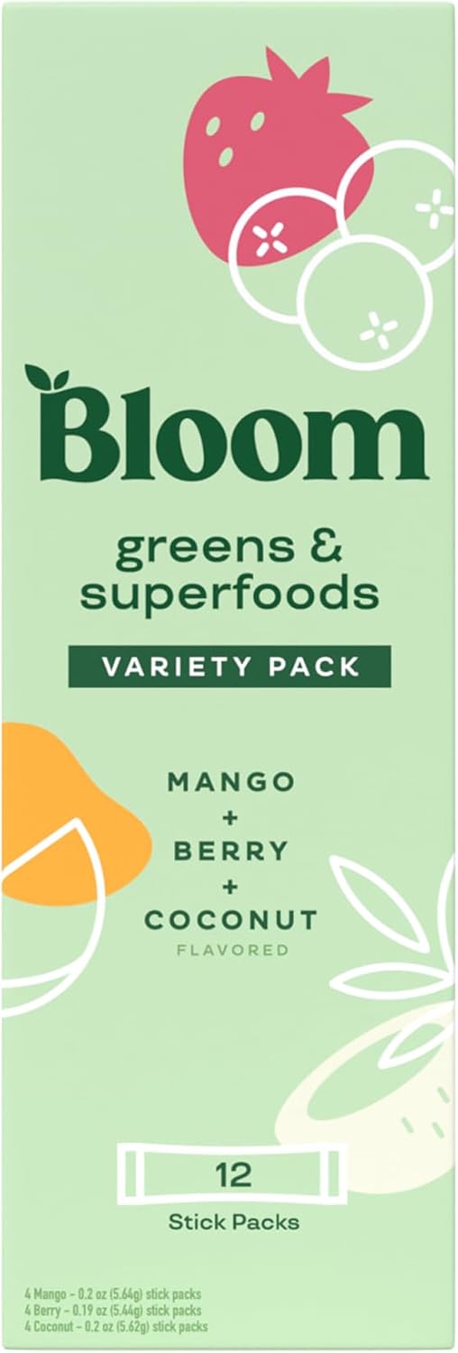 Bloom Nutrition Superfood Greens Powder Stick Packs, Digestive Enzymes with Probiotics and Prebiotics, Gut Health, Bloating Relief for Women, Chlorella, Green Juice Mix, 12 SVG, Variety