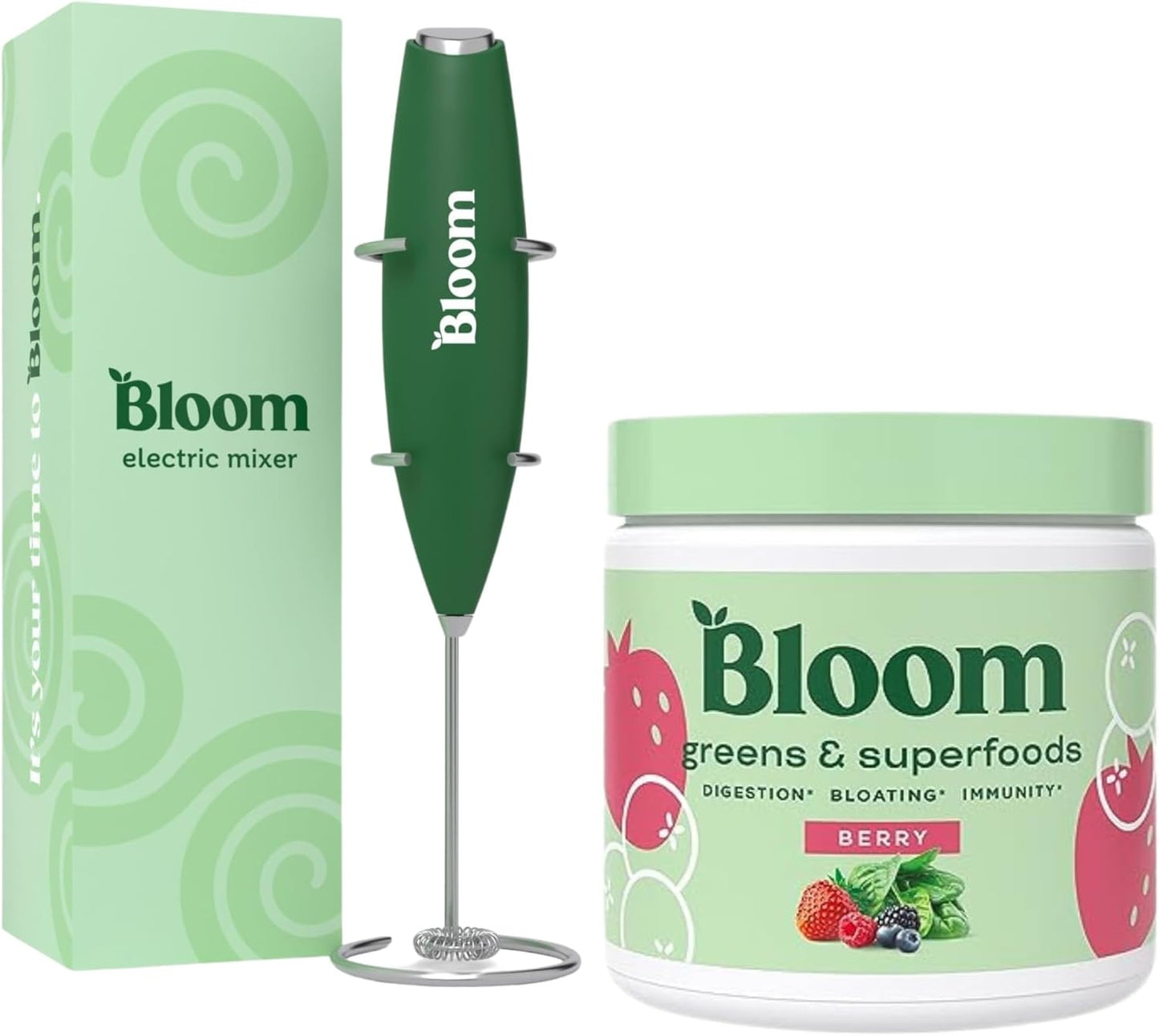 Bloom Nutrition Superfood Greens Powder, Berry + Milk Frother