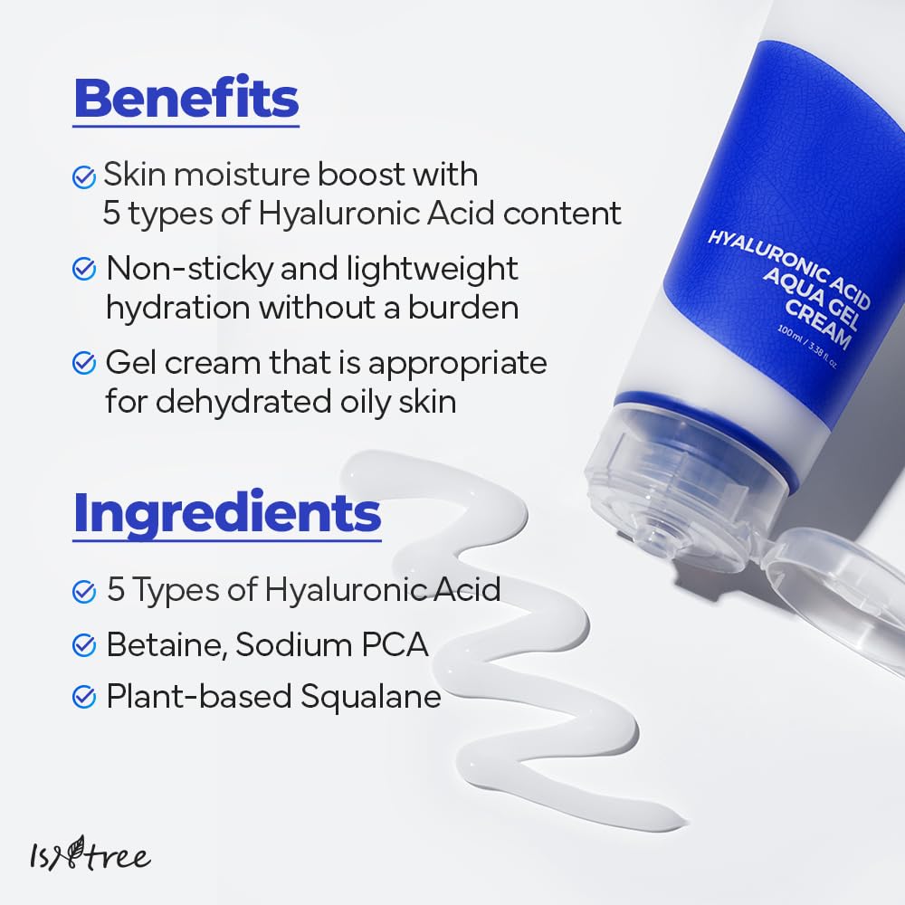 IsNtree Hyaluronic Acid Aqua Gel Cream 100ml, 3.38 fl oz | Korean Skincare | Lightweight Moisturizer | Quick-Absorbing Hydration | For Oily to Combination Skin