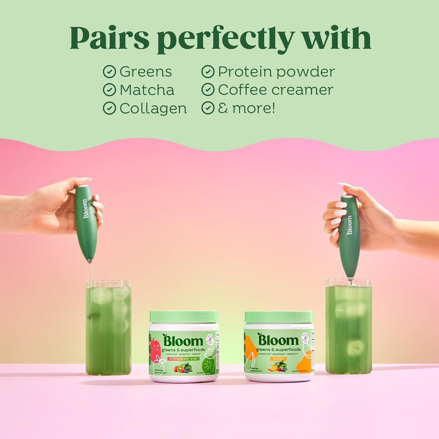 Bloom Nutrition Superfood Greens Powder, Mango + Milk Frother