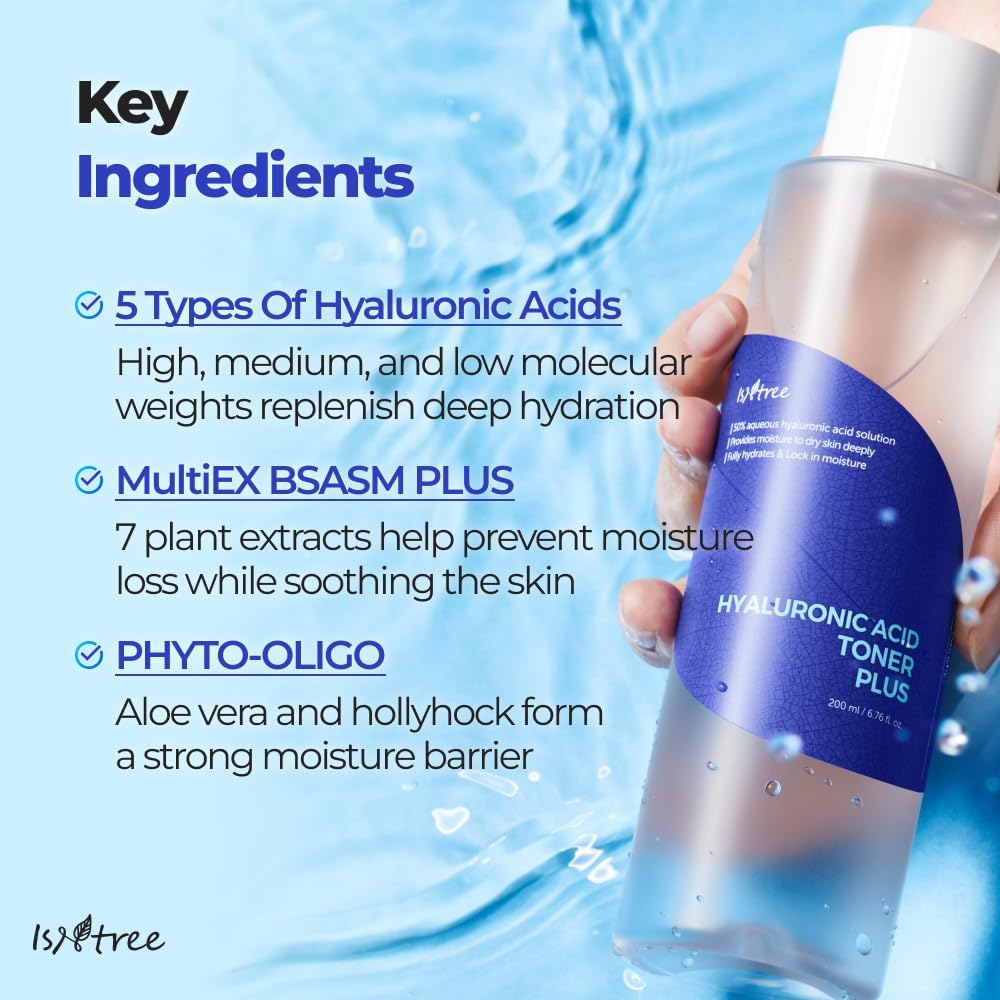 ISNTREE Hyaluronic Acid Toner Plus 200ml, 6.76 fl oz | Korean Skincare | Deep Hydration | 5 Types of Hyaluronic Acid | Ampoule Texture | for Dry & Sensitive Skin