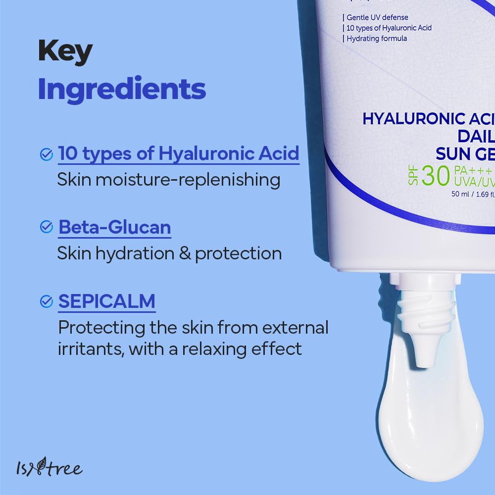 ISNTREE Hyaluronic Acid Daily Sun Gel 50ml, 1.69 fl oz | SPF 30 | Korean Skincare | Moisturizing | No White Cast | Lightweight | Mild Formula | Daily SPF | Korean Sunscreen | Broad Spectrum