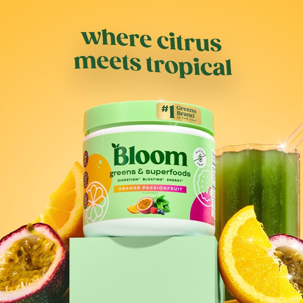 Bloom Nutrition Superfood Greens Powder, Orange Passionfruit + Milk Frother