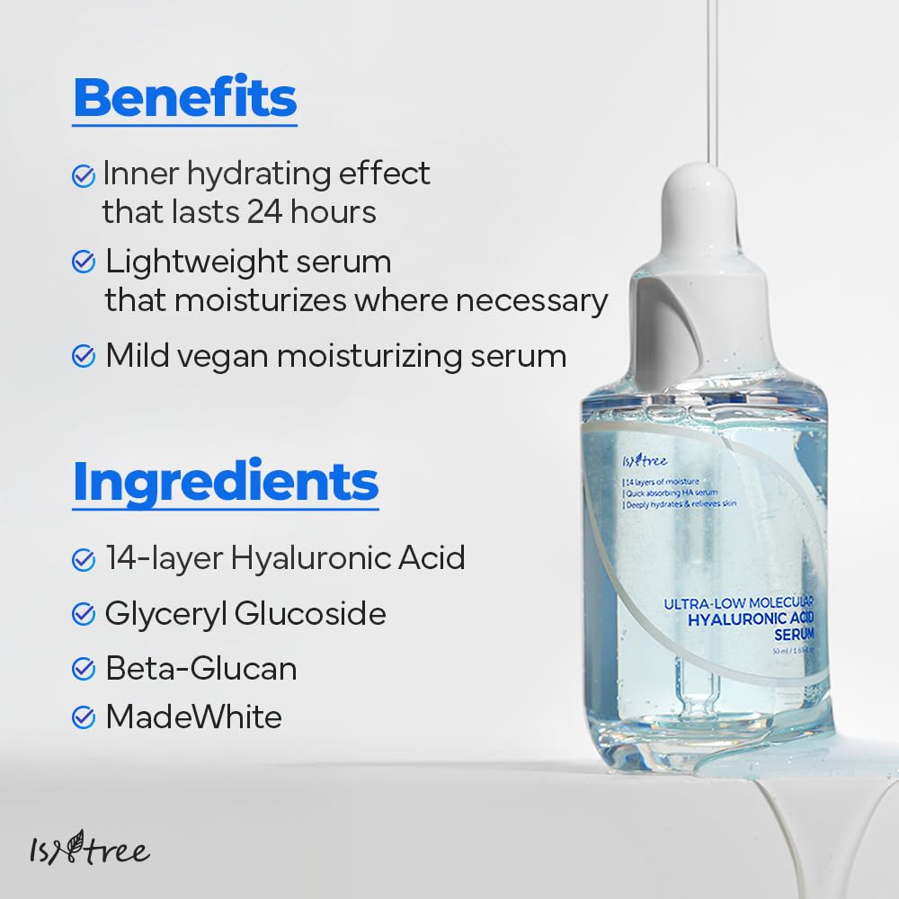 ISNTREE Ultra-Low Molecular Hyaluronic Acid Serum 1.69 fl.oz | Vegan Korean Skincare | 14-Complex Hyaluronic Acid | Deep Hydration | Lightweight & Fast-Absorbing