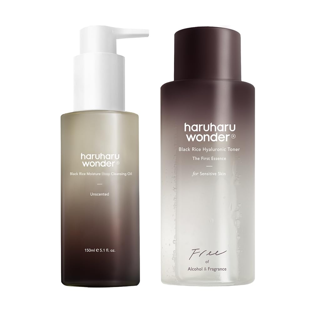 HARUHARU wonder Black Rice Moisture Cleansing Oil & Black Rice Hyaluronic Toner for Sensitive Skin Bundle