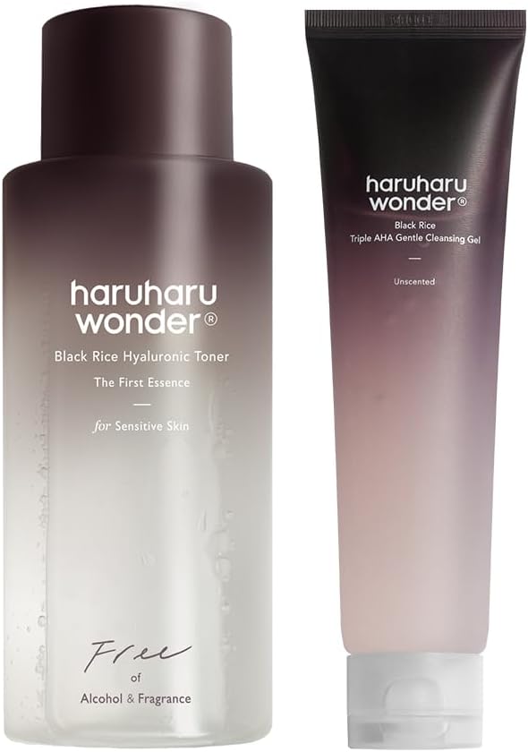 Haruharu Wonder Black Rice Hyaluronic Toner for Sensitive Skin & Triple AHA Cleansing Gel Bundle