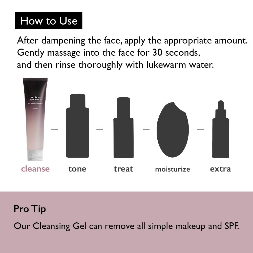 HARUHARU wonder Black Rice Triple AHA Gentle Cleansing Gel 3.38 fl oz, Hydrating Cleansing gel, Gentle exfoliating, Vegan, Travel essentials