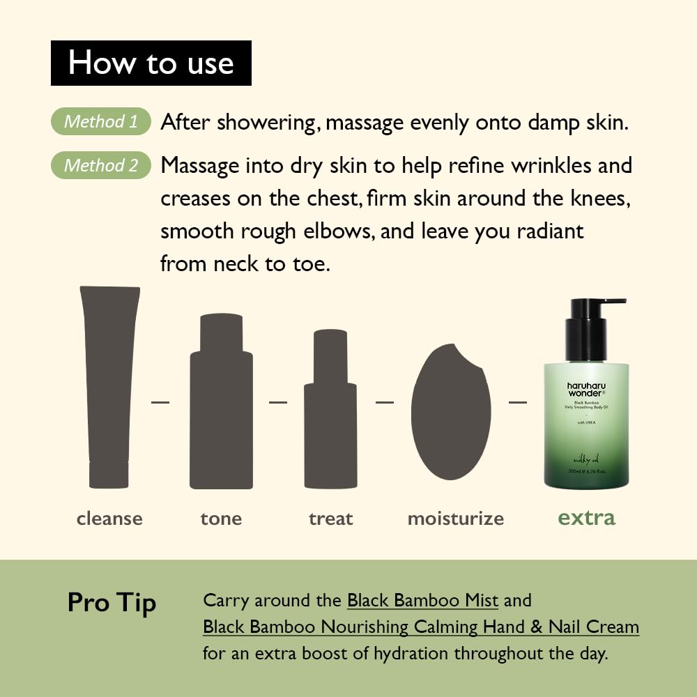 HARUHARU wonder Black Bamboo Daily Smoothing Body Oil – Fast Absorption, Lightweight, Non-Greasy, Deeply Hydrating, Locks in Moisture, Softens & Nourishes Skin, With Almond & Argan Oil, 6.76 fl oz