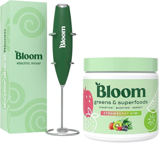 Bloom Nutrition Superfood Greens Powder, Strawberry Kiwi + Milk Frother