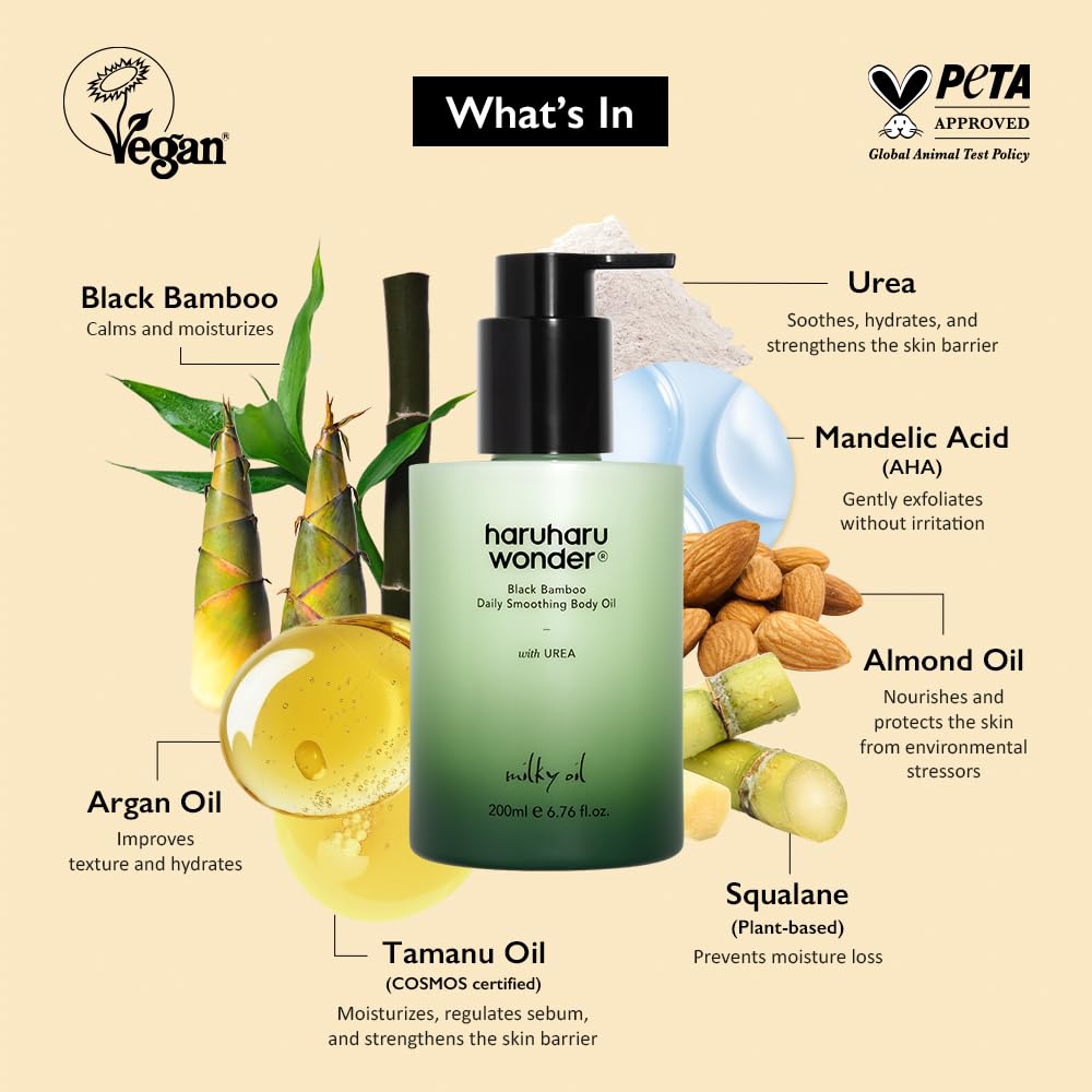 HARUHARU wonder Black Bamboo Daily Smoothing Body Oil – Fast Absorption, Lightweight, Non-Greasy, Deeply Hydrating, Locks in Moisture, Softens & Nourishes Skin, With Almond & Argan Oil, 6.76 fl oz