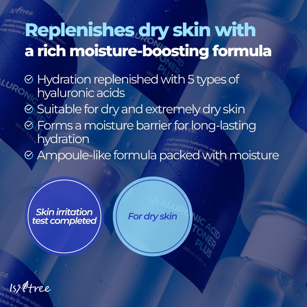 ISNTREE Hyaluronic Acid Toner Plus 200ml, 6.76 fl oz | Korean Skincare | Deep Hydration | 5 Types of Hyaluronic Acid | Ampoule Texture | for Dry & Sensitive Skin
