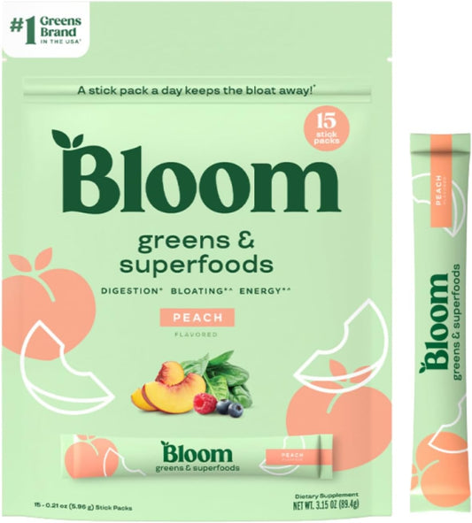 Bloom Nutrition Greens and Superfoods Powder, 15 Stick, Peach