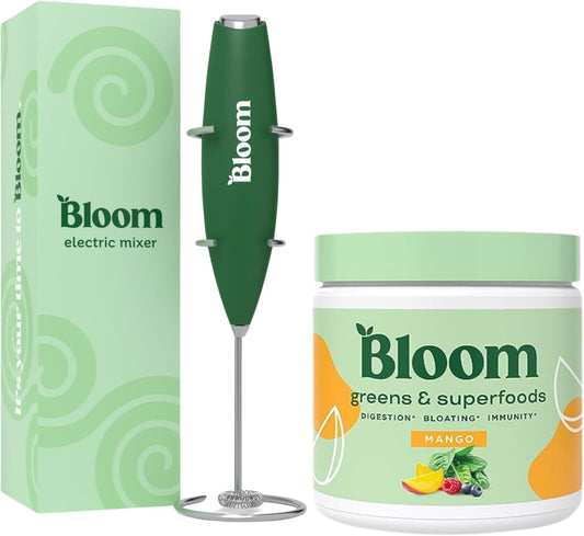 Bloom Nutrition Superfood Greens Powder, Mango + Milk Frother