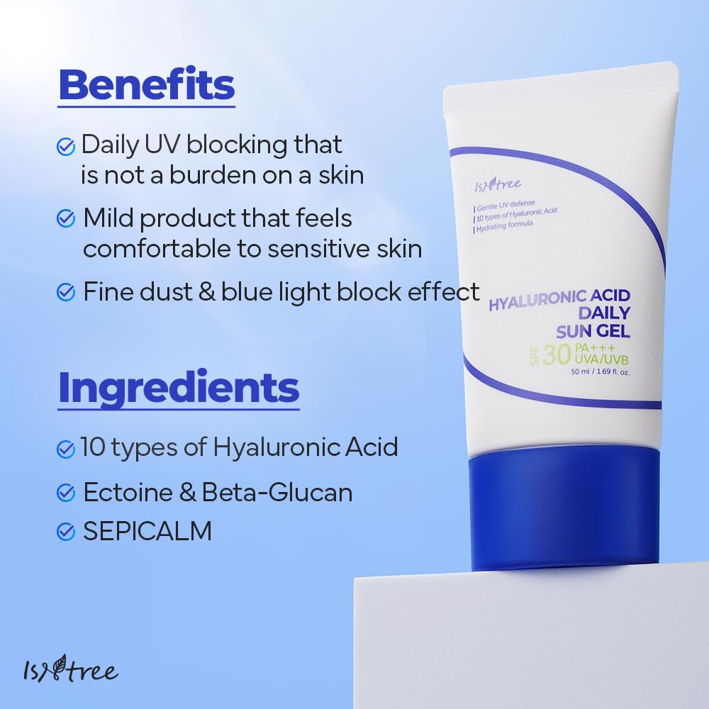 ISNTREE Hyaluronic Acid Daily Sun Gel 50ml, 1.69 fl oz | SPF 30 | Korean Skincare | Moisturizing | No White Cast | Lightweight | Mild Formula | Daily SPF | Korean Sunscreen | Broad Spectrum