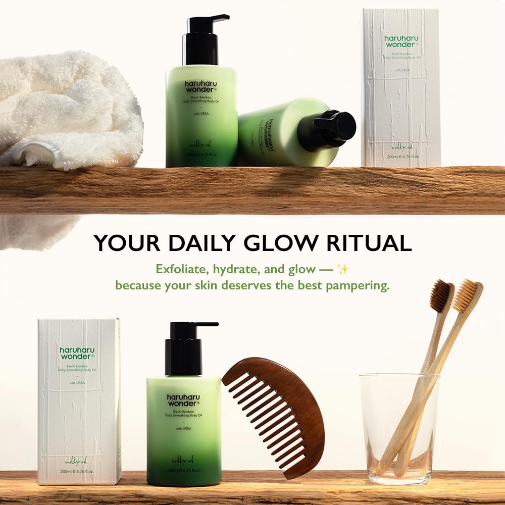 HARUHARU wonder Black Bamboo Daily Smoothing Body Oil – Fast Absorption, Lightweight, Non-Greasy, Deeply Hydrating, Locks in Moisture, Softens & Nourishes Skin, With Almond & Argan Oil, 6.76 fl oz