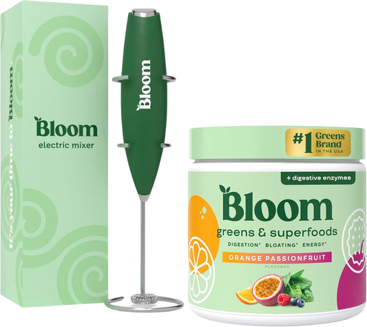 Bloom Nutrition Superfood Greens Powder, Orange Passionfruit + Milk Frother