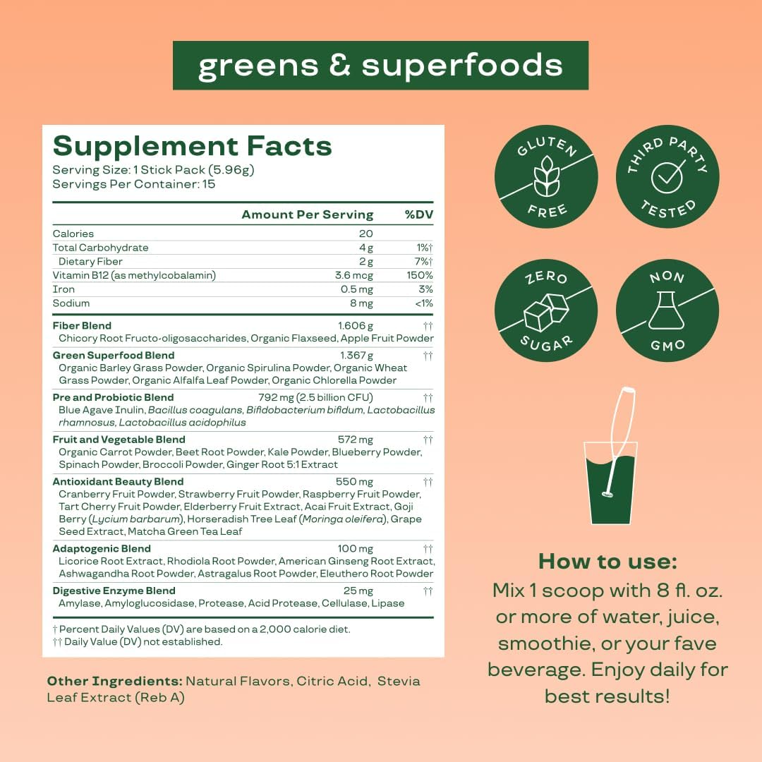 Bloom Nutrition Greens and Superfoods Powder, 15 Stick, Peach