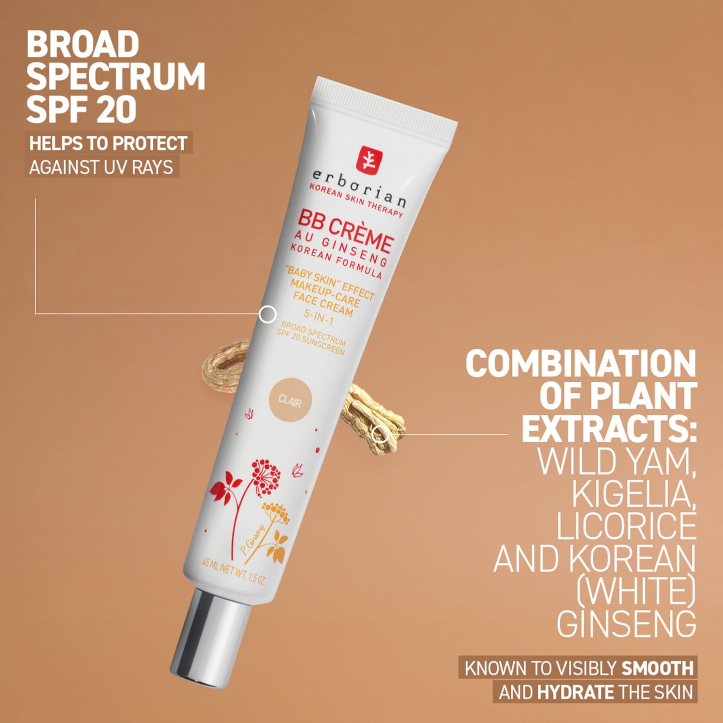 Erborian BB Cream with Ginseng - Lightweight Buildable Coverage with SPF & Ultra-Soft Matte Finish - Korean Face Skincare