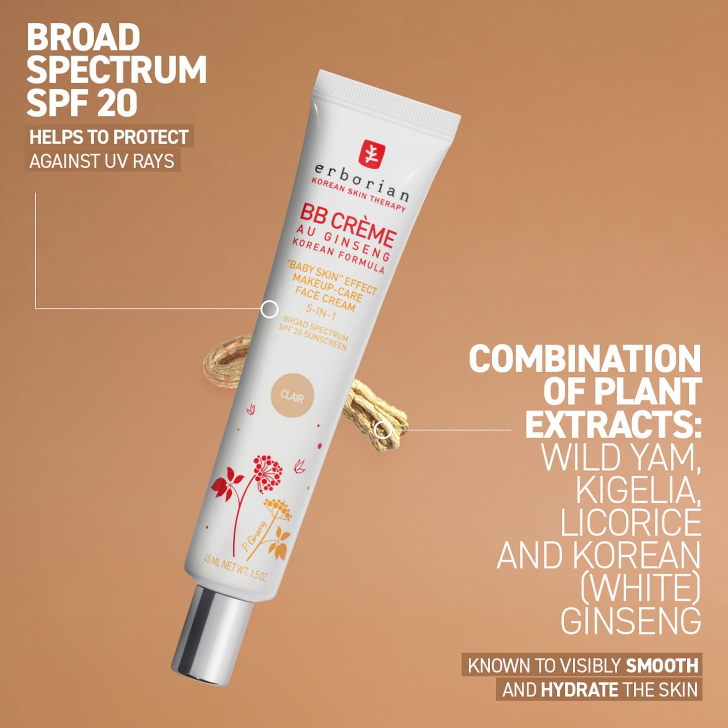 Erborian BB Cream with Ginseng - Lightweight Buildable Coverage with SPF & Ultra-Soft Matte Finish - Korean Face Skincare